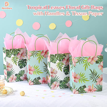 36 Pack Medium Hawaiian Tropical Themed Gift Bags with Handles and 36 Pink Tissue Paper for Luau Parties, Birthdays, Weddings, Bridal Showers, Boutiques (10x8x4 Inch, 2 Designs Assorted)