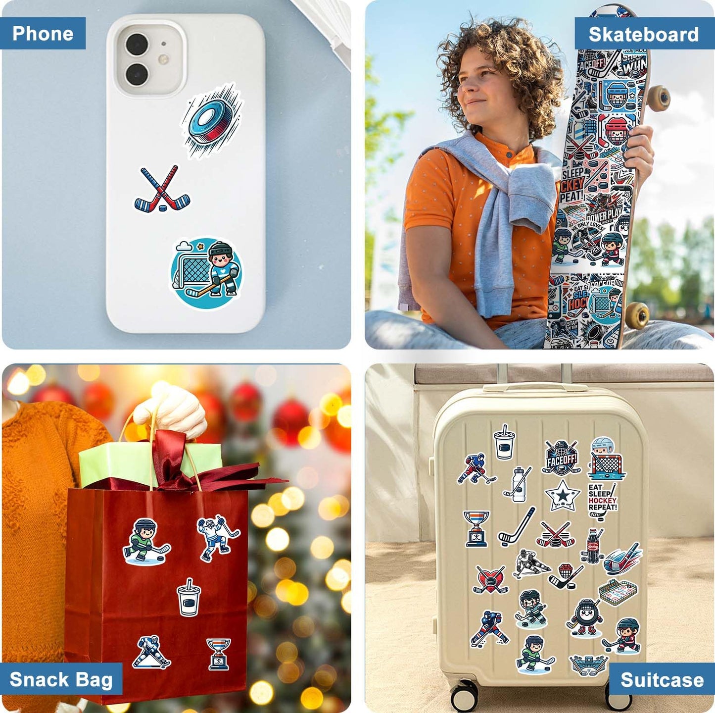 100 Pcs Hockey Stickers,Hockey Party Favors,Hockey Gifts for Boys 8-12,Waterproof Vinyl Stickers for Water Bottle Helmet Laptop Computer Skateboard