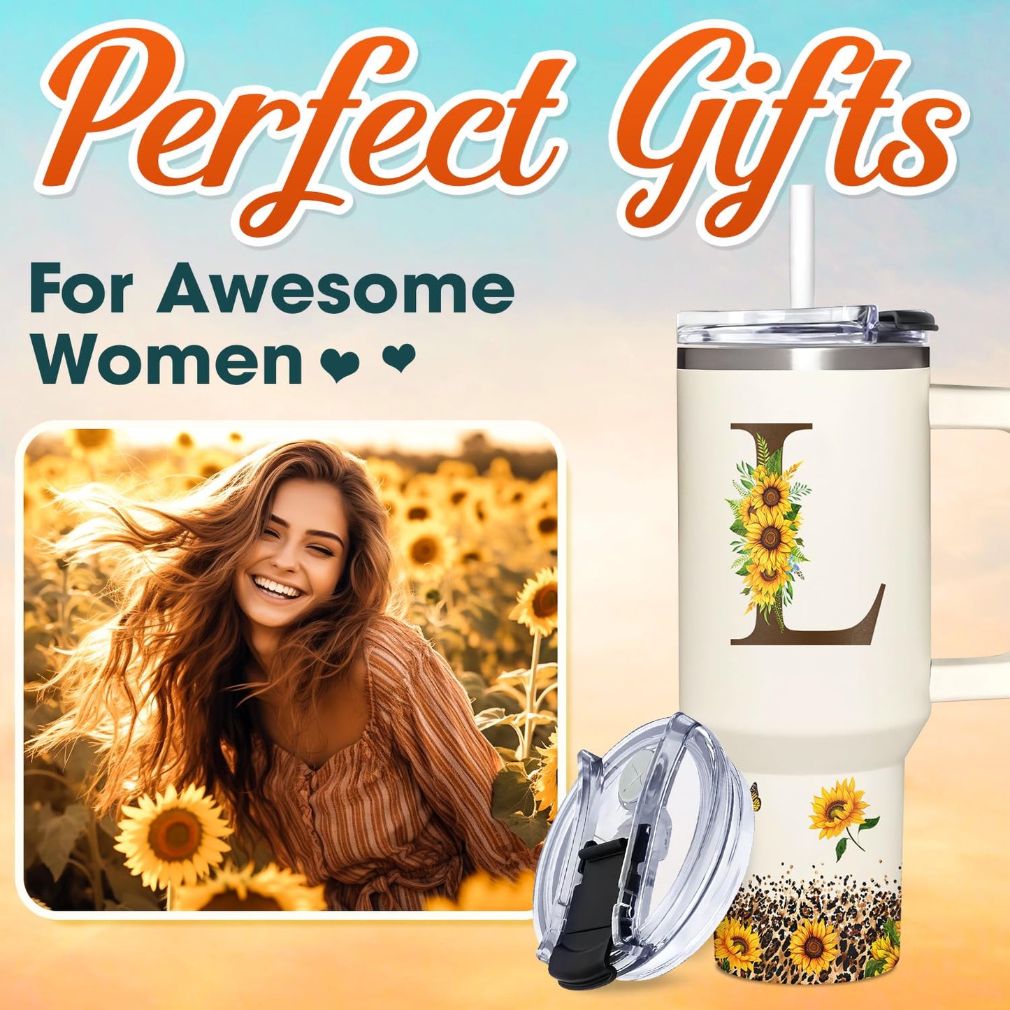 Personalized Birthday Gifts For Women - Sunflowers Monogrammed Cup For Boss Day, Christmas - Customized Gifts For Women, Mom, Wife, Coworkers, Boss Lady, Her - Custom Tumbler With Handle 40oz