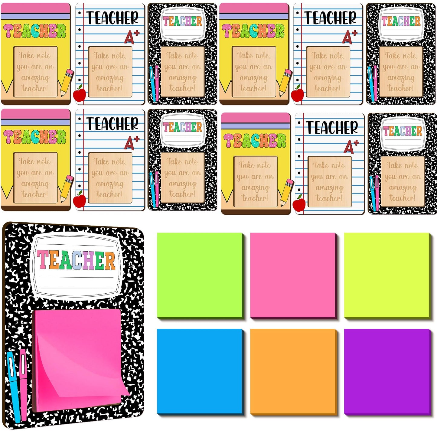 Eersida 24 Pcs/12 Sets Back to School Teacher Gift Daycare Teacher Appreciation Gifts Bulk Teachers Thank You Gift Wood Post Sticky Note Holder Composition Pencil Preschool Elementary Office Supply