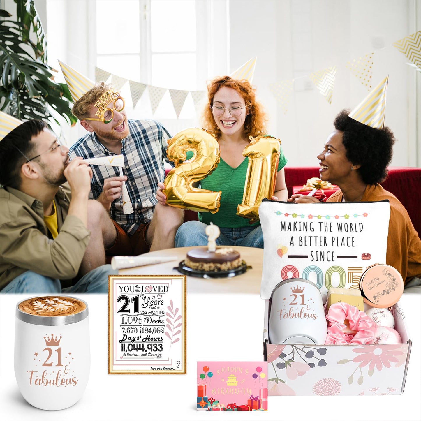 iAOVUEBY 21st Birthday Gifts for Her, Happy 21st Birthday Gift Basket for Women, 21 Year Old Gift Ideas for Daughter Sister Friend, Born in 2005, 21 & Fabulous