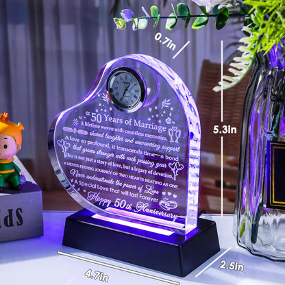 YWHL 50th Anniversary Heart Gifts for Couple 50th Wedding Anniversary Crystal Gifts for Wife Husband with Colorful LED Base Romantic 50 Years of Marriage Gift for Her Him (Battery not Included)