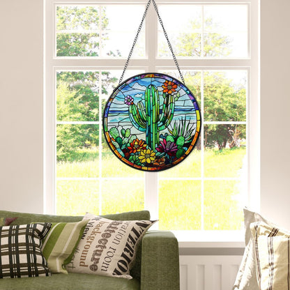 Cactus Stained Glass Window Hanging Suncatcher with Chain - 7.9" Arizona Outdoor/Indoor Art Decor for Home Garden, Thanksgiving, Wedding, Mother's, Valentine's & Christmas Ornaments Present