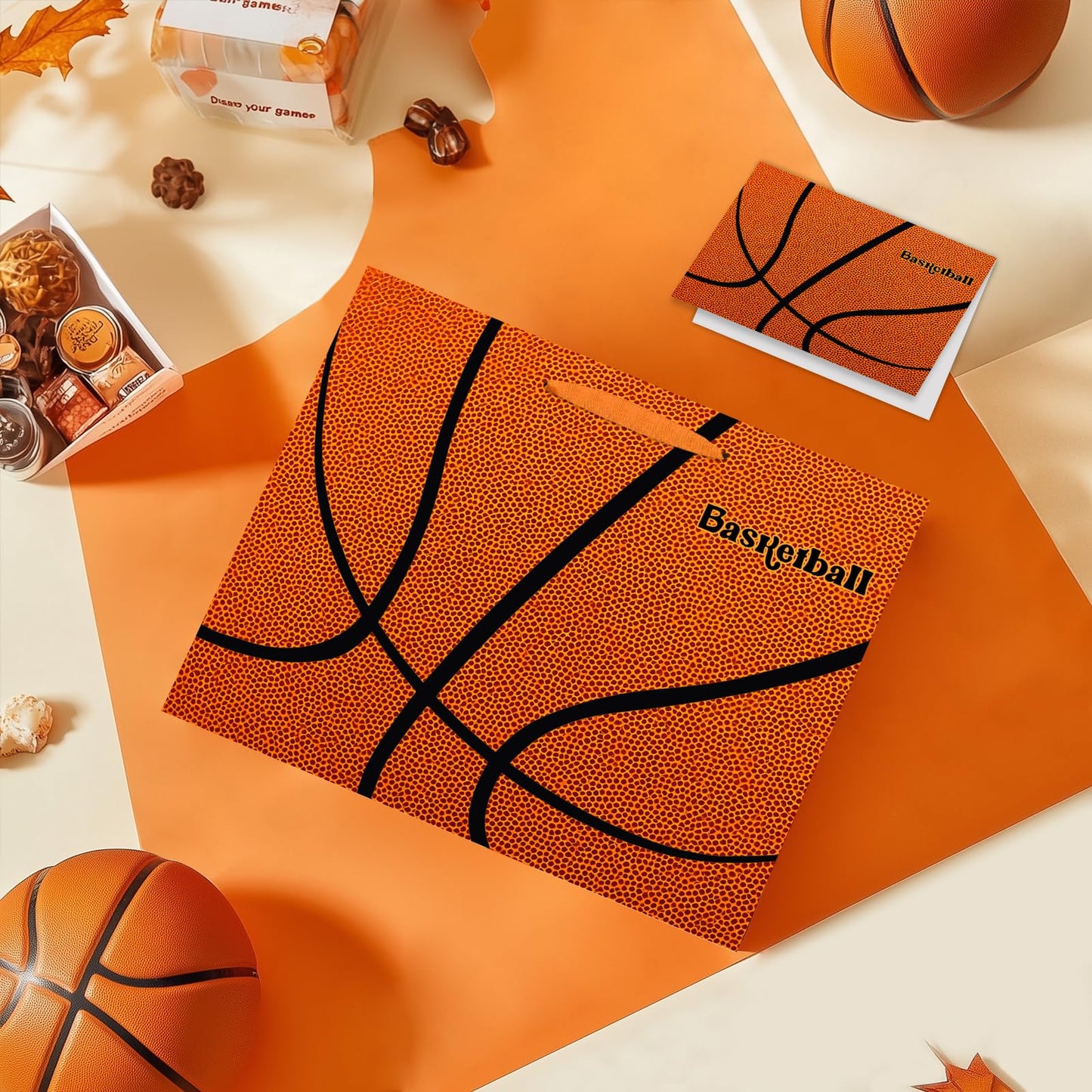 Jiaoiudi Basketball Gift Bags with Tissue Paper Greeting Card Basketball Party Bags Large with Handles Basketball Goodie Bags