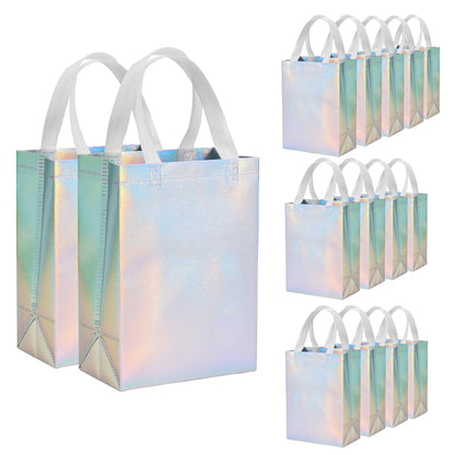 METAPRINT 15 Pcs Iridescent Glossy Gift Bags Medium Size, 8x4x10 Inch Holographic Reusable Gift Bags with Handles & Sturdy Base, Ideal for Birthday, Wedding