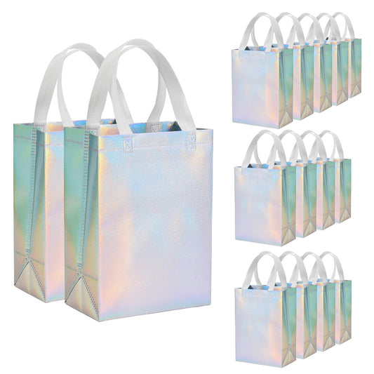 METAPRINT 15 Pcs Iridescent Glossy Gift Bags Medium Size, 8x4x10 Inch Holographic Reusable Gift Bags with Handles & Sturdy Base, Ideal for Birthday, Wedding