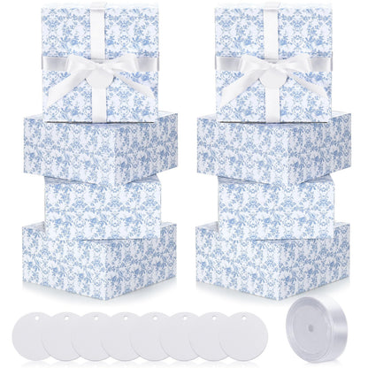 Faccito Blue 8 Pack Floral bridesmaid proposal Gift Boxes 8 x 8 x 4 Inch Flower Paper Boxes with Ribbon Label Card for Wedding Bridesmaid Gift Bridal Baby Shower Birthday Party Favor (Chinoiserie)