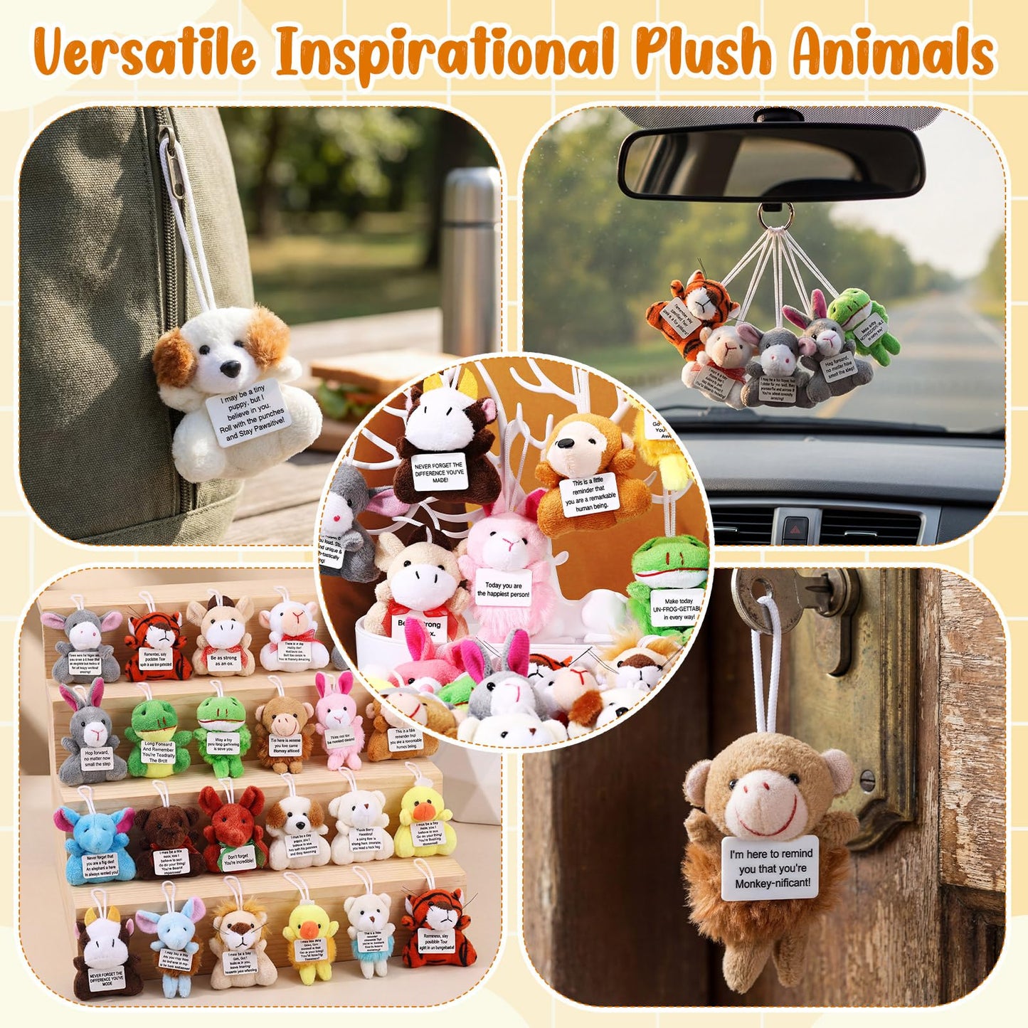 24 Pcs Easter Motivational Mini Plush Animal Keychains, Inspirational Animal Keychain with Quote Sign, Encouragement Positive Gifts for Easter Parties Goody Bags Colleague Staff
