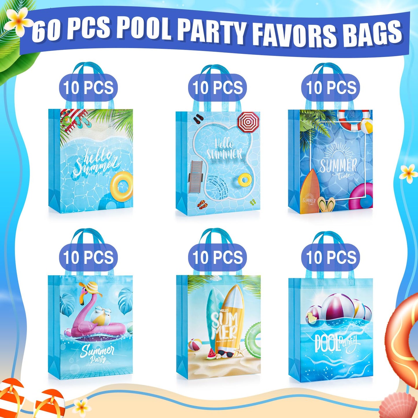 Sweetude 60 Pcs Pool Party Favors Bags Summer Gift Beach Goodie Reusable Summer Beach Pool Theme Non Woven Treat Bags with Handles for Hawaii Party, 12.6 x 9.84 Inch