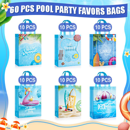 Sweetude 60 Pcs Pool Party Favors Bags Summer Gift Beach Goodie Reusable Summer Beach Pool Theme Non Woven Treat Bags with Handles for Hawaii Party, 12.6 x 9.84 Inch