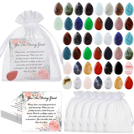 Sasylvia 50 Sets Anxiety Inspirational Gifts Include 50 Thumb Worry Stone 50 Inspirational Tags 50 Organza Bags Encouragement Gifts for Men Women Anxiety Relief Items Chakra Crystal Set for Meditation