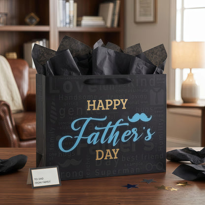 Qirrmiy 16.5'' Extra Large Father's Day Bag Gift Bag Set with Handles, Greeting Card, Black Tissue Papers and Stickers for Men for Best Dad Ever, Dad Day, Father's Day Design, 1 Pcs