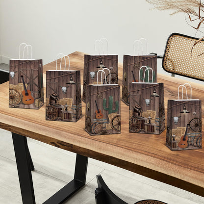 12 PCS Cowboy Party Favor Bags Western Paper Gift Goodie Candy Treat Bags Bulk with Handle Wild West Rodeo Birthday Party Decorations for Cowgirl Kids Boys Baby Shower Bachelorette Supplies Favors