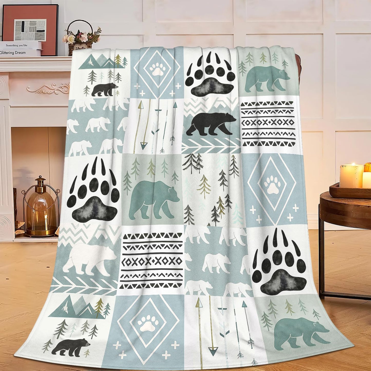 Bear Blanket Super Soft Warm Fluffy Fleece Flannel Forest Animal Throw Blanket Cozy Fuzzy Plush Stuff Bedding Blue Blankets Gifts for Women Kids Boys Girls Adults 50"X40"