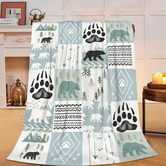 Bear Blanket Super Soft Warm Fluffy Fleece Flannel Forest Animal Throw Blanket Cozy Fuzzy Plush Stuff Bedding Blue Blankets Gifts for Women Kids Boys Girls Adults 50"X40"