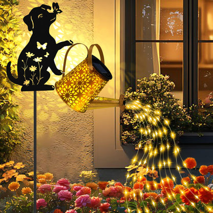 Solar Lights Outdoor Decorative, Watering Can with Cascading Lights, with Dog Silhouette Garden Stakes, Gifts for Mom Women, Waterproof Metal Garden Decor for Yard Art, Outside(1 Pack)