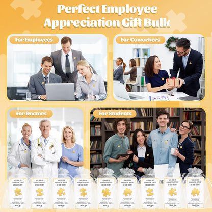 SINCCO 24/48/96 Sets Employee Appreciation Gifts Bulk, Inspirational Employee Of The Month Lapel Pins With Thank You Cards Small Puzzle Piece Gift for Coworkers, Office Staff, Team Building (Gold)