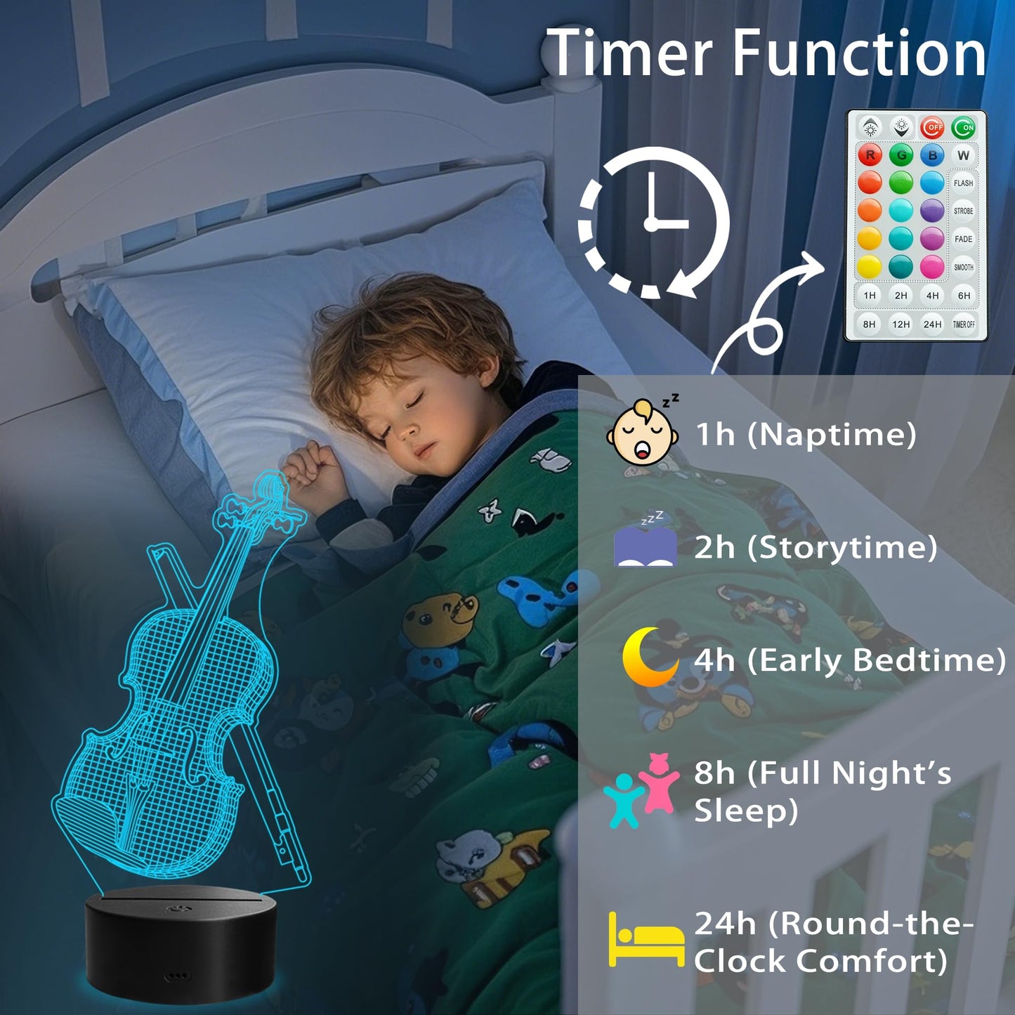 Violin Night Light, Violin Gifts, Cello 3D Illusion Lamp with Remote Control, 16 RGB Colors, 4 Flashing Modes, Timer, Dimmable, Kids Music Room Decor