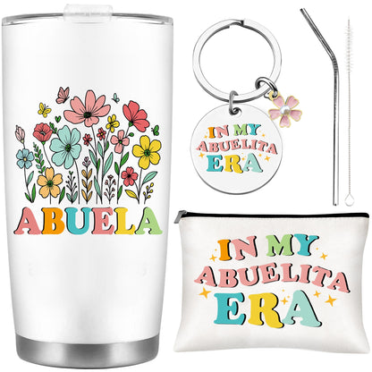 Abuela Gifts Set, Floral Abuelita Tumbler with Straw Cosmetic Bag Keychain Bracelet Set, Regalos para Abuela Gifts for Grandma from Grandkids, Mother’s Day Birthday Mexican Grandma Gifts