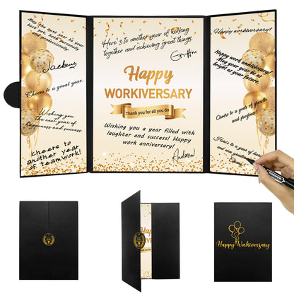 DARUNAXY Black Gold Happy Workiversary Party Decorations, Happy Work Anniversary Alternative Signature Guest Book for Men Women Employee Business Gifts Signing Card Board for Office Supplies