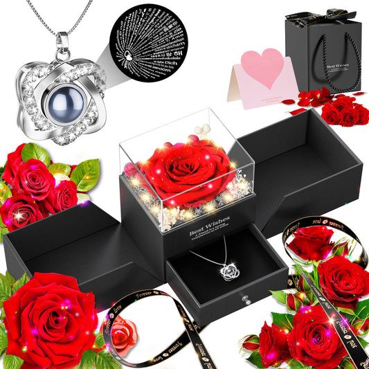 Preserved Red Rose Necklace with I Love You Heart - Forever Flowers Romantic Gifts for Women Mom Wife Girlfriend Grandma, Perfect for Valentine's Day Mother's Day Christmas Anniversary Birthday
