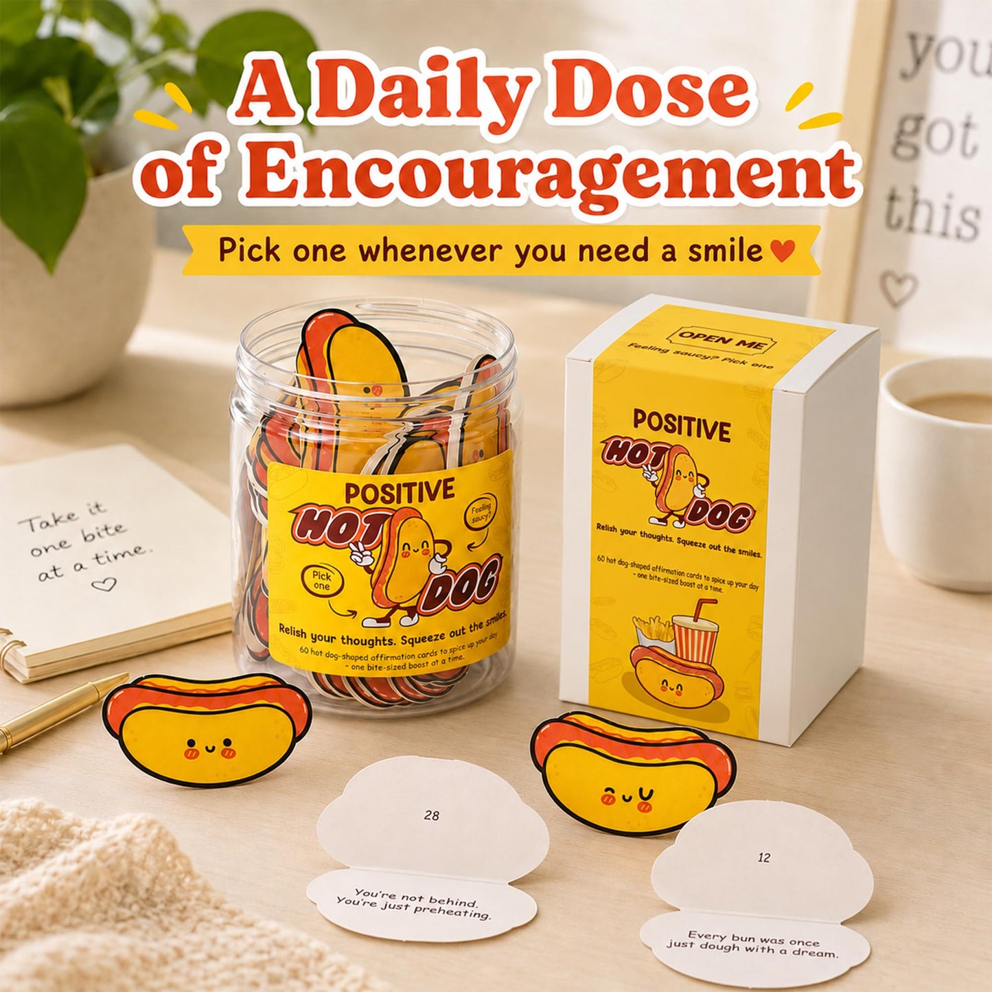 KATINAT Positive Hot Dog Jar, 60 Funny Affirmation Cards, Emotional Support Hot Dogs, Foodie Gifts for Friends, Teens, Funny Gifts for Women, Cowokers, Office, Hot Dog Decorations