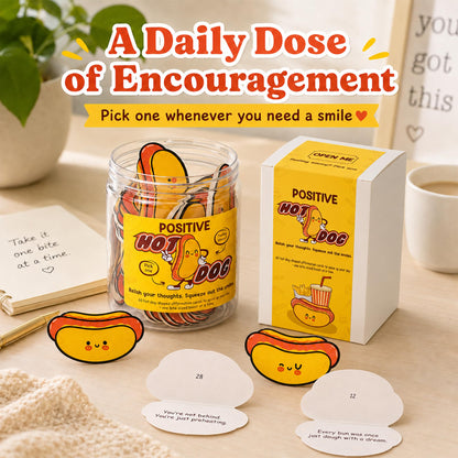 KATINAT Positive Hot Dog Jar, 60 Funny Affirmation Cards, Emotional Support Hot Dogs, Foodie Gifts for Friends, Teens, Funny Gifts for Women, Cowokers, Office, Hot Dog Decorations