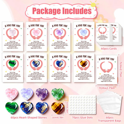 WenmthG 60 Sets Heart-Shaped Stones Pocket Hug Token Bulk Gift Card for Women Men - Valentines Day Gemstones Gifts Exchange for Kids - Christmas Party Gift for Boys Girls Friends Classroom Colleague