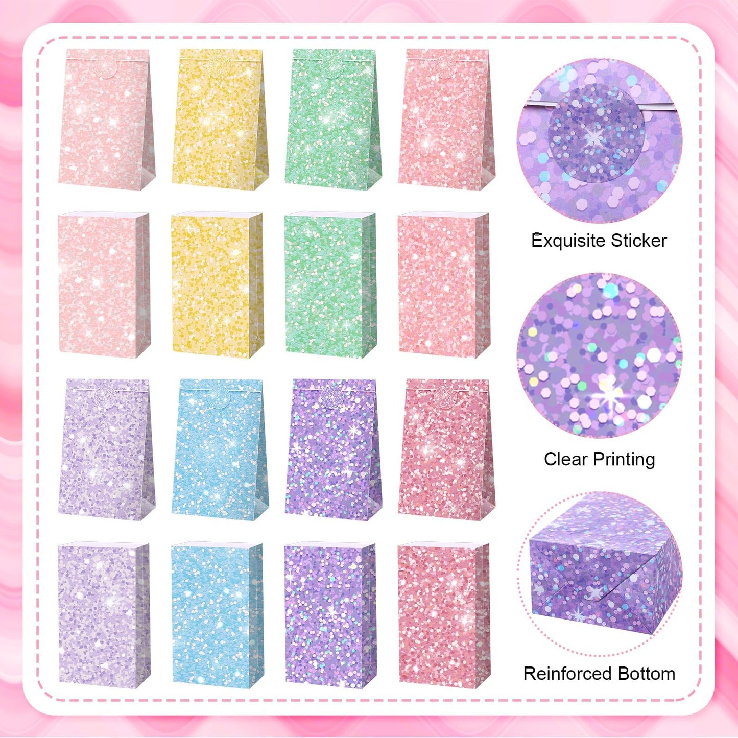 Kolldenn 24 Pcs Glitter Pastel Gift Bags Bulk Pastel Party Favors Small Goodie Treat Bags with Sealing Stickers for Wedding Baby Shower Birthday Holiday Party Favors Supplies