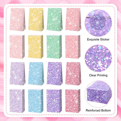 Kolldenn 24 Pcs Glitter Pastel Gift Bags Bulk Pastel Party Favors Small Goodie Treat Bags with Sealing Stickers for Wedding Baby Shower Birthday Holiday Party Favors Supplies