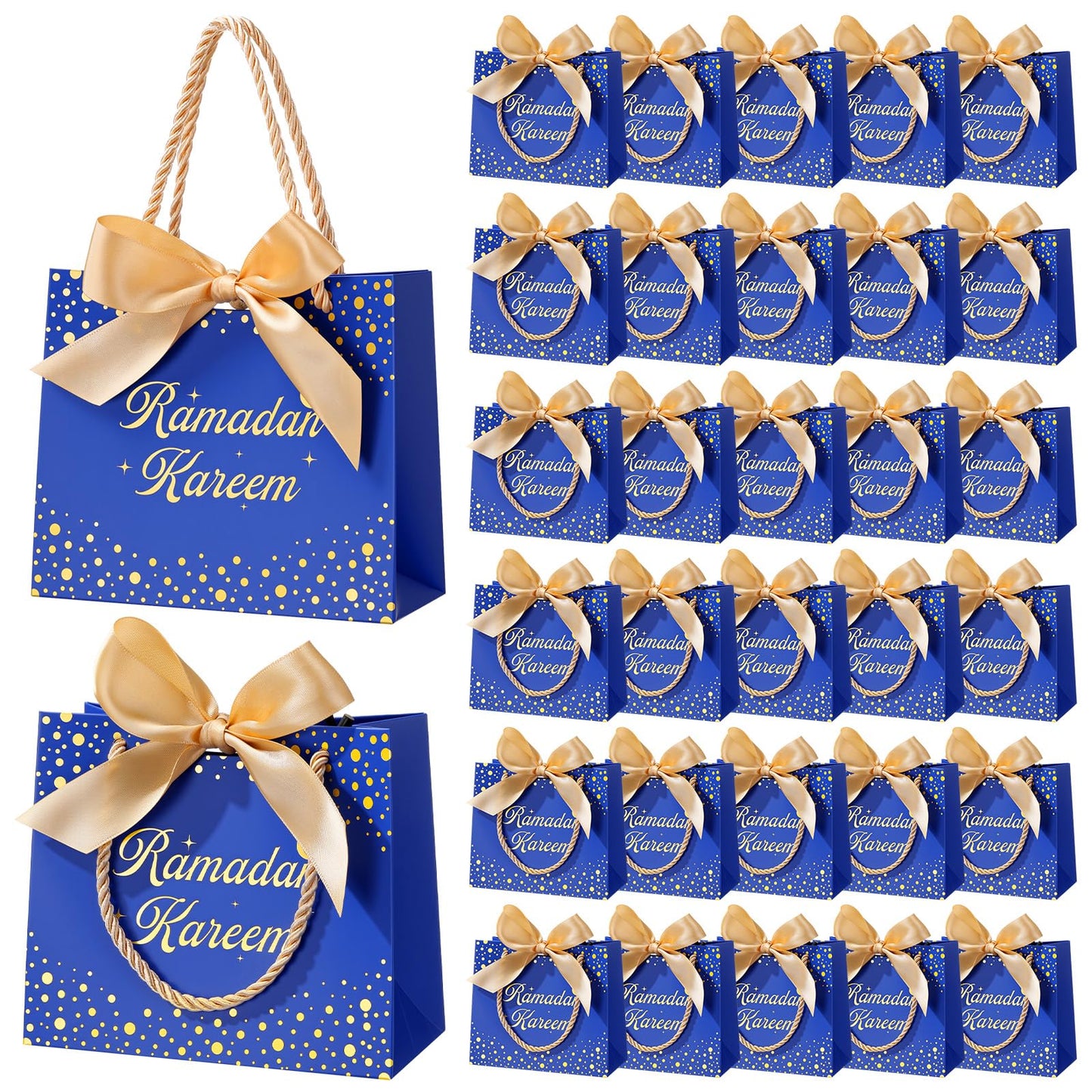 Glenmal 30 Pcs 5.51x2.36x4.72'' Ramadan Gift Bags Ramadan Mubarak Blue Paper Party Bags Eid Mubarak Treat Goodie Bag with Handle and Ribbon for Ramadans Kareem Eid Mubarak's Party Supplies