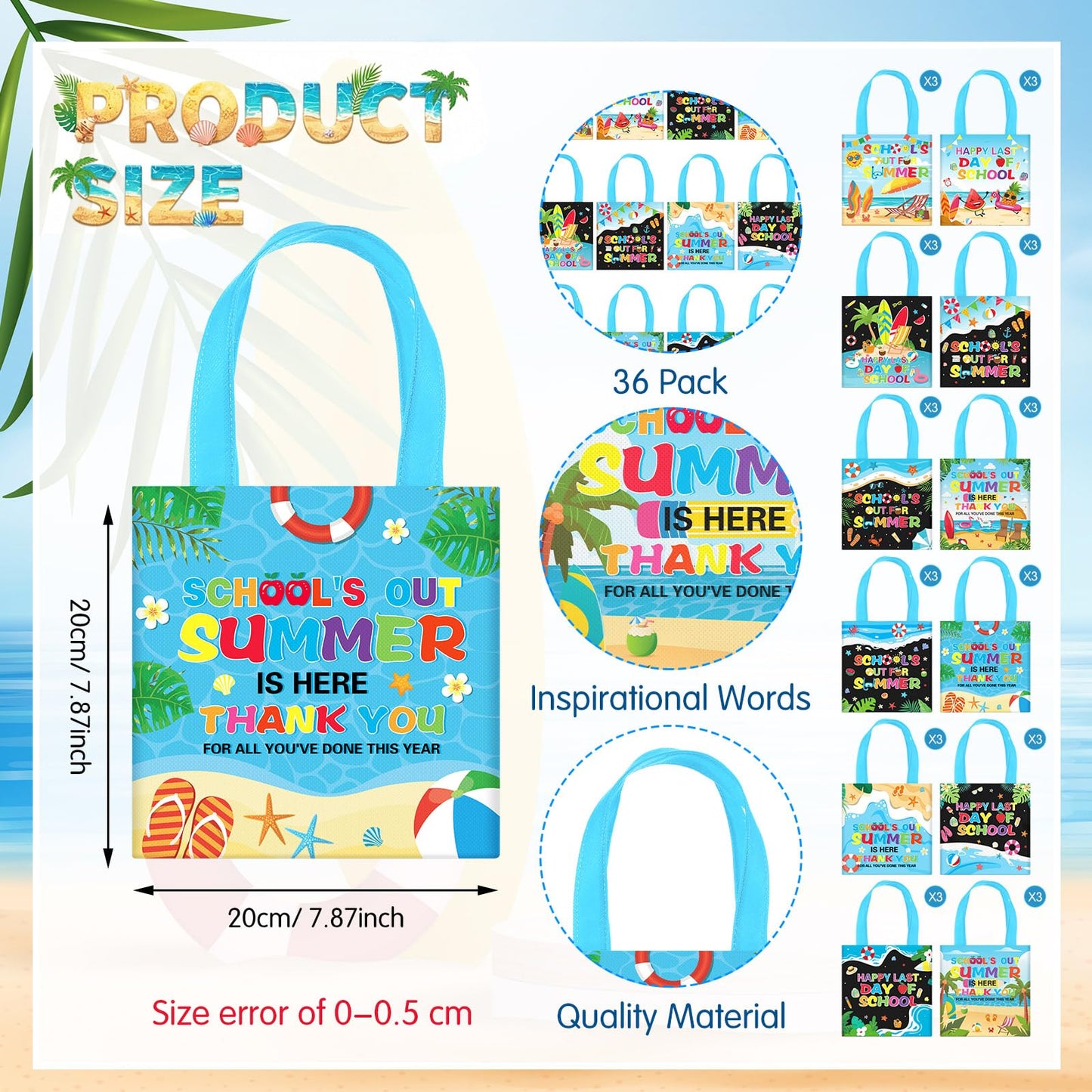 Cosblank 36 Pcs Summer Gift Bags Bulk, School's out for Summer End of Year Tote Bags with Handle, Non-woven Reusable Last Day of School Gifts for Students Classroom Beach Pool Tropical Party Favors
