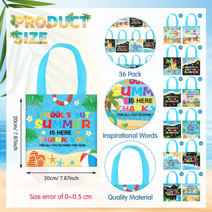 Cosblank 36 Pcs Summer Gift Bags Bulk, School's out for Summer End of Year Tote Bags with Handle, Non-woven Reusable Last Day of School Gifts for Students Classroom Beach Pool Tropical Party Favors