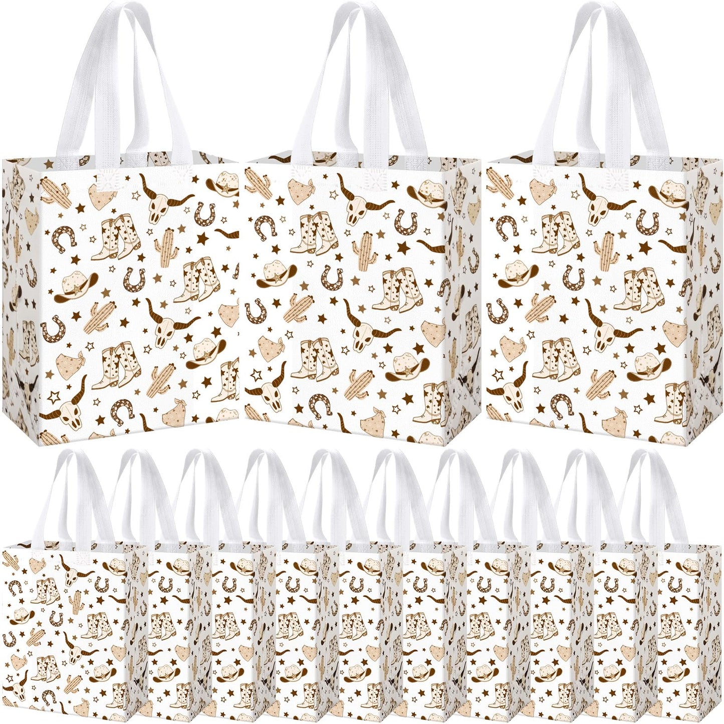 Supervitae 24 Pack Brown Cowboy Gift Bags Medium Western Cowboy Theme Party Decoration Supplies Reusable Non Woven Totes for Rodeo Birthday Themed Supplies Favor(9.8" x 7.9" x 3.9")