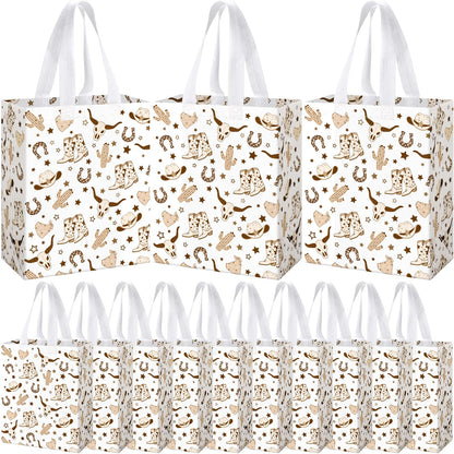 Supervitae 24 Pack Brown Cowboy Gift Bags Medium Western Cowboy Theme Party Decoration Supplies Reusable Non Woven Totes for Rodeo Birthday Themed Supplies Favor(9.8" x 7.9" x 3.9")