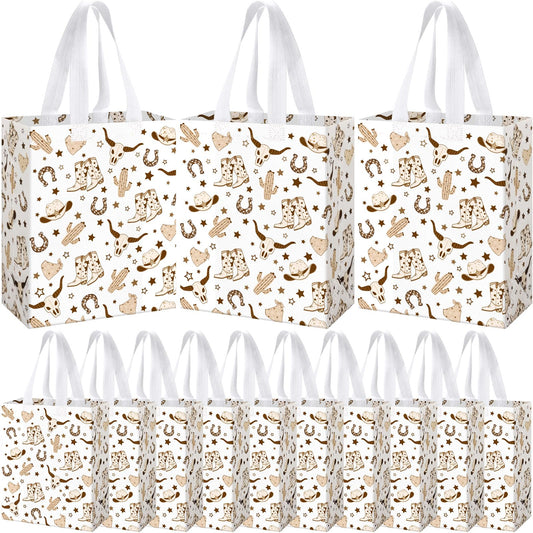 Supervitae 24 Pack Brown Cowboy Gift Bags Medium Western Cowboy Theme Party Decoration Supplies Reusable Non Woven Totes for Rodeo Birthday Themed Supplies Favor(9.8" x 7.9" x 3.9")