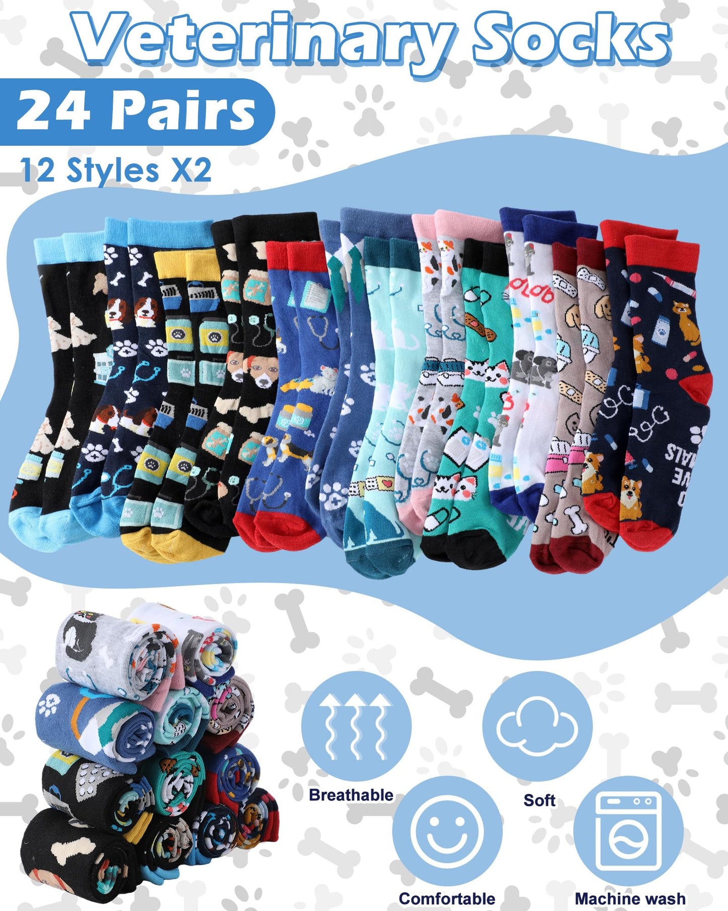 Skicuff 24 Pairs Bulk Vet Technician Socks for Woman Men Funny Veterinary Cotton Crew Socks Vet Tech Week Veterinarian Appreciate Gifts Doctor Nurse Assistant Birthday Gifts