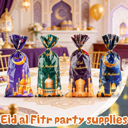 LERCTH 50 PCS Ramadan Eid Mubarak Gift Bags with Gold Twist Ties - 4.9x10.7 Inch Metallic Foil Treat Bags, Moon Star Design Party Favor Bags for Islamic Holiday Celebrations