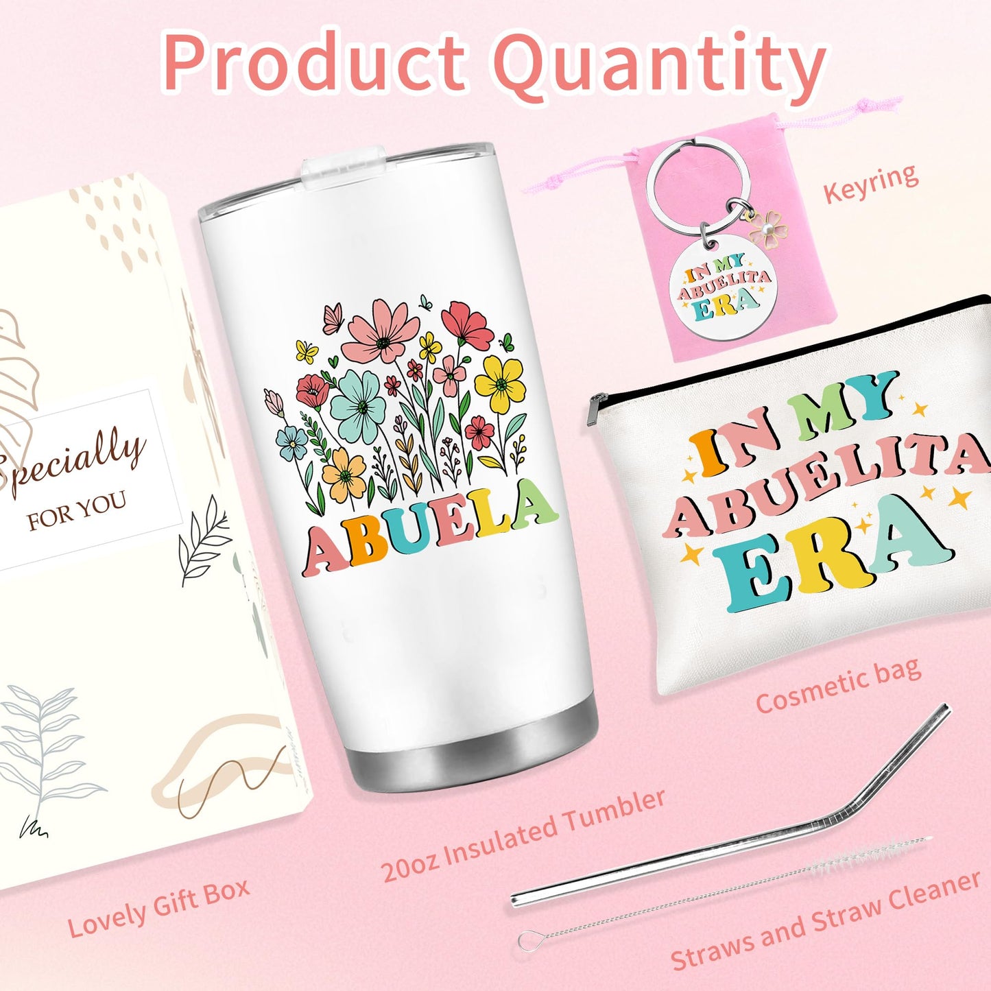 Abuela Gifts Set, Floral Abuelita Tumbler with Straw Cosmetic Bag Keychain Bracelet Set, Regalos para Abuela Gifts for Grandma from Grandkids, Mother’s Day Birthday Mexican Grandma Gifts