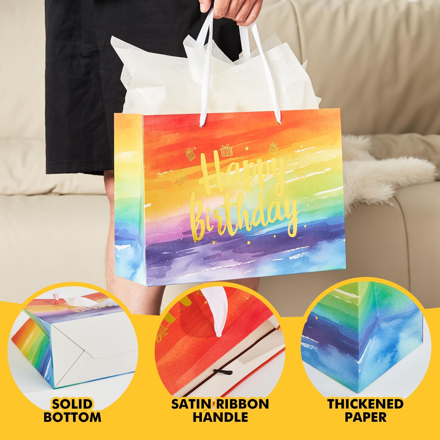 RACETOP 13" Large Happy Birthday Gift Bag with Handle, Tissue Paper and Card, Birthday Bags for Boys, Girls, Men, Women, Party