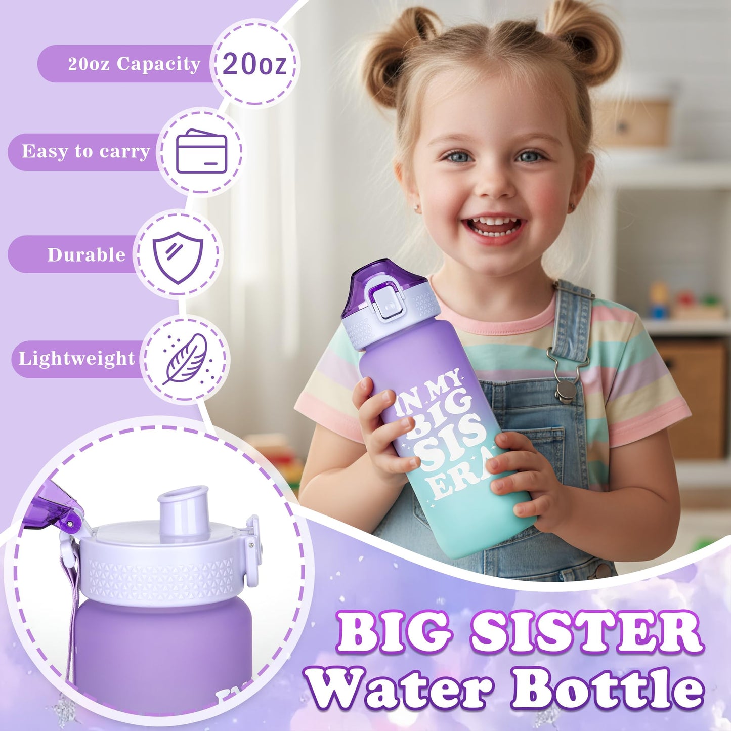 Big Sister Gifts for Girls – Purple Big Sister Gift Set with 20oz Water Bottle, Waist Bag, Baseball Cap & Bracelet, New Big Sister Gifts for Girls