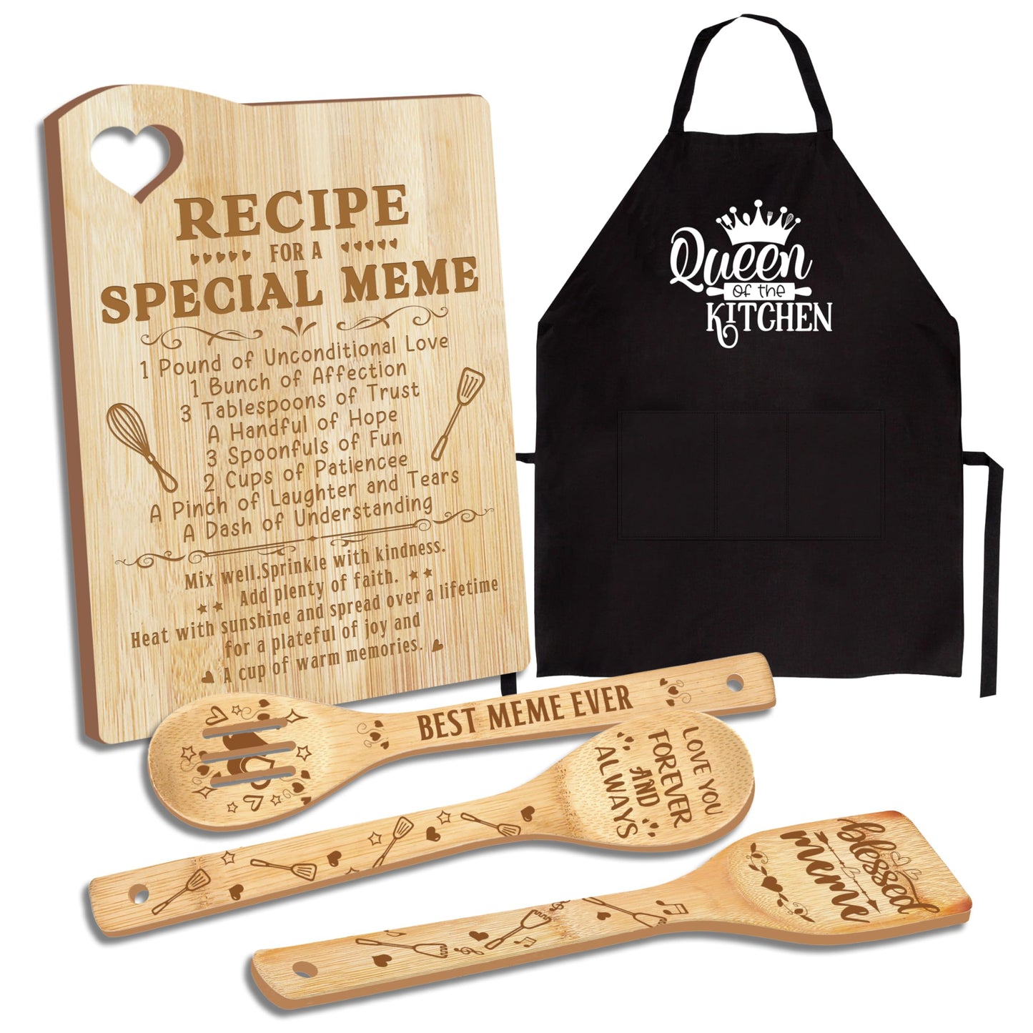 Meme Gifts, Gift for Meme for Grandma Mothers Day Wooden Cutting Board with Cooking Utensils Set with Apron from Grandkids Kitchen Set