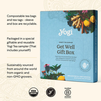 Yogi Organic Sampler Gift Box-5 Tea Bags per Flavor (45 Tea Bags)-Delicious Wellness Immunity Teas-9 Herbal Teas-Caffeine-Free Tea Variety Pack-Tea Gift Set