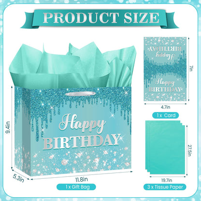 Yoirrat Teal Blue Birthday Gift Bag for Girls Women Large Glitter Happy Birthday Bag with Wrapping Tissue Paper and Card for Ice Princess Ocean Bday Party Supplies Present