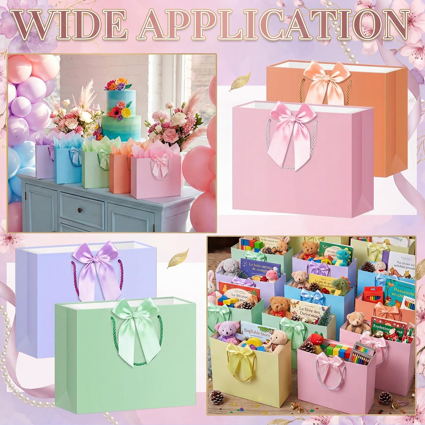 Sabary 12 Pcs Pastel Birthday Gift Bags with Handles and 24 Pre-tied Decorative Ribbon Rows, 12.6" x 9.8" x 4.3" Large Thank You Gift Bags for Easter Baby Shower Wedding Gifts Wrapping Party Supplies