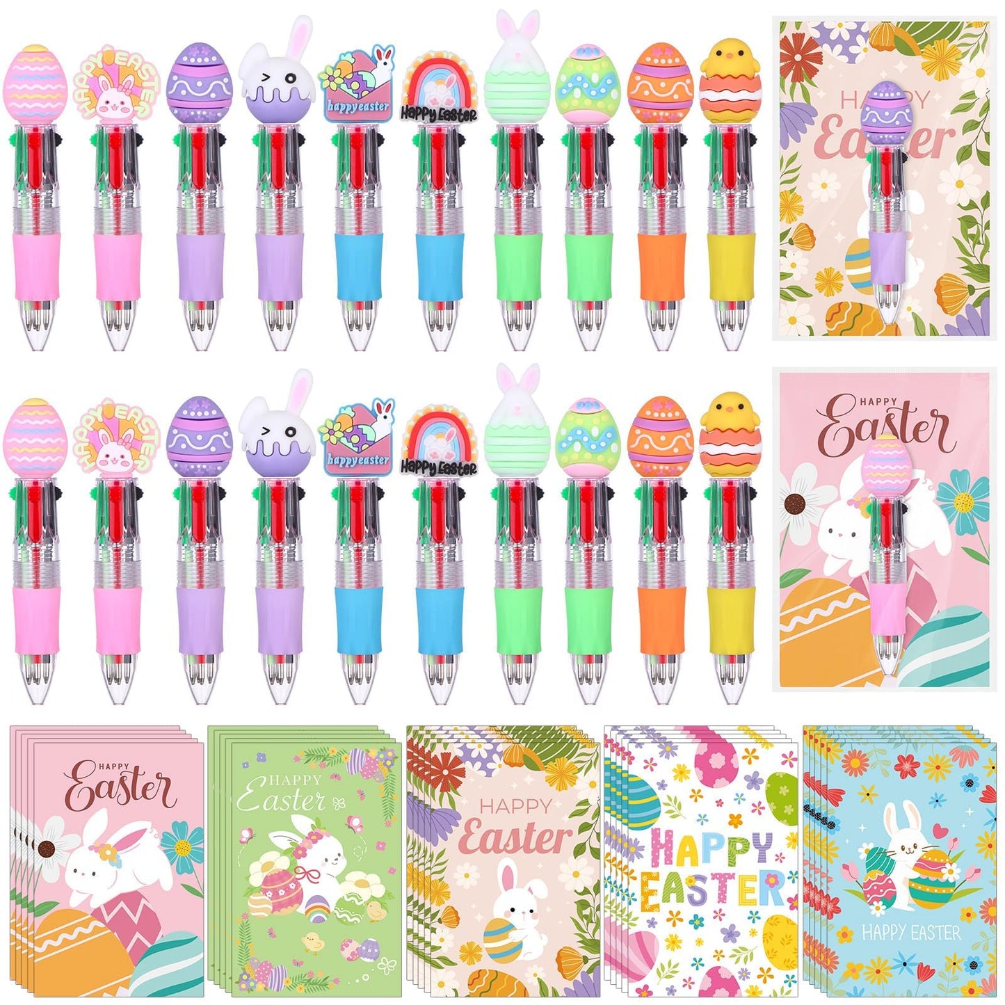 50 Sets Easter Pens Gifts Bulk Cartoon 4 in 1 Multicolor Ballpoint Pens with Greeting Cards 0.7mm Cute Bunny Egg Pens for Easter Party Favors Basket Goodie Bag Stuffers Students Reward Classroom Gifts