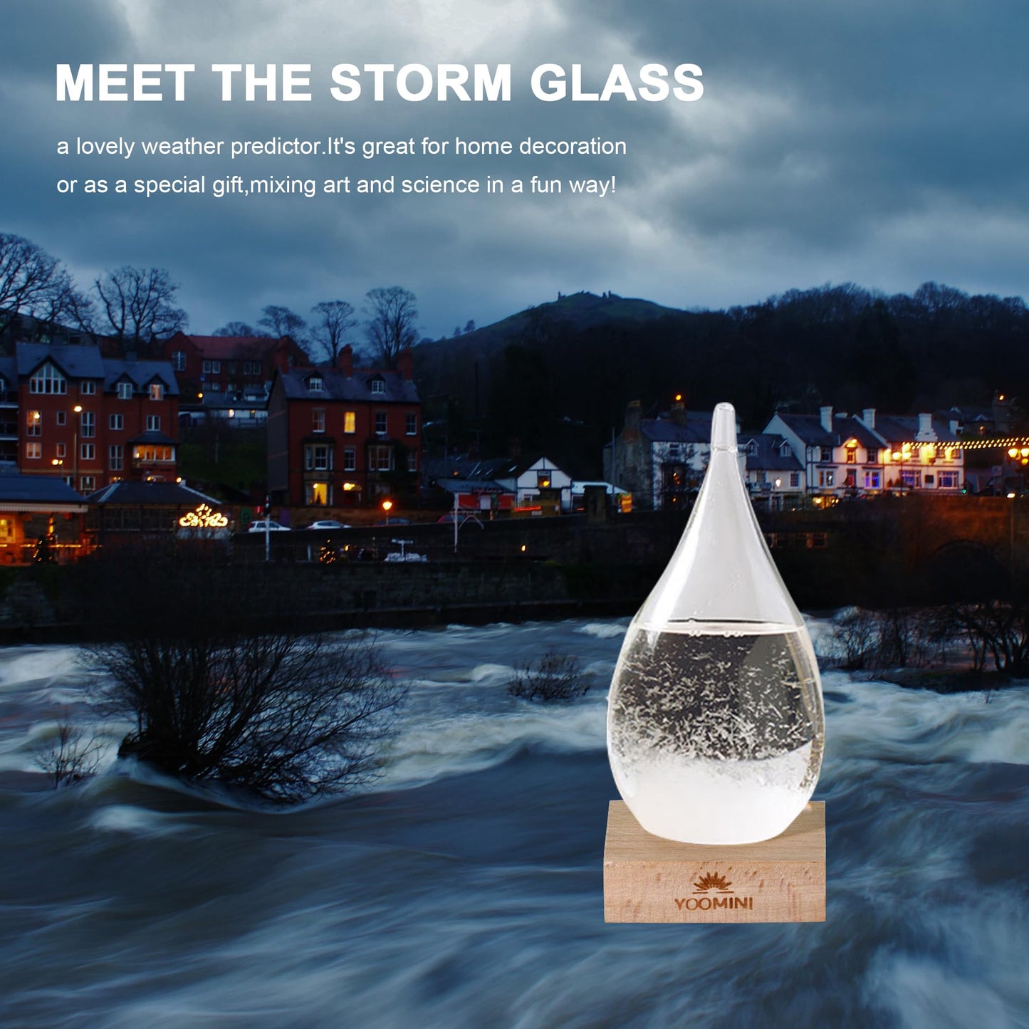 Storm Glass Weather Predictor - Weather Forecaster Station with Wooden Base for Home and Office Decor, Snow Globe Barometer, Creative Christmas Birthday Gifts for Him, Her