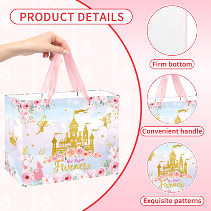 MOIZYNG Her Royal Fiveness Birthday Gift Bag, Pink Gold Castle Floral Princess 5th Birthday Gift Wrap Bags with Handles, Tissue Paper and Greeting Card for Girls 5 Year Old Party Favors Decorations