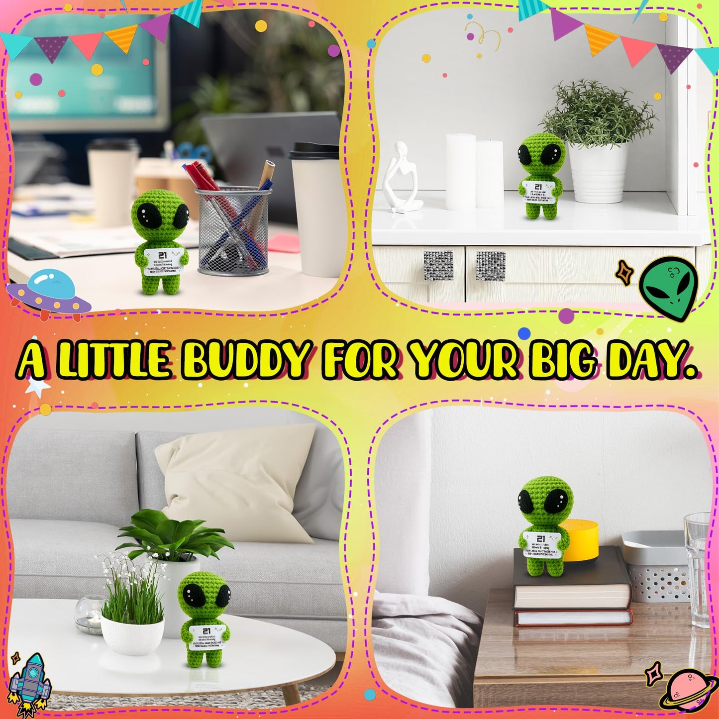 21st Birthday Gifts – Handmade Crochet Alien Plush with Funny Legal Adult Birthday Message Card – Cute 21 Years Old Celebration Gift for Him or Her, Bday Milestone Keepsake
