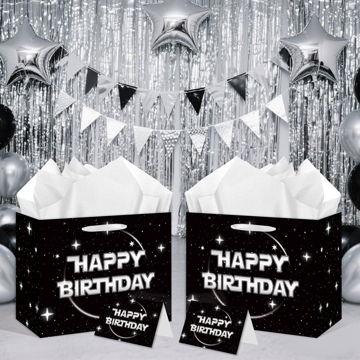 Anyangzhao Space Galaxy Birthday Gift Bag, Black Happy Birthday Gift Bag, with Greeting Card and Tissue Paper, Galaxy Party Favors Bag for Kids, Boys, Baby Shower, Star Theme Party Supplies